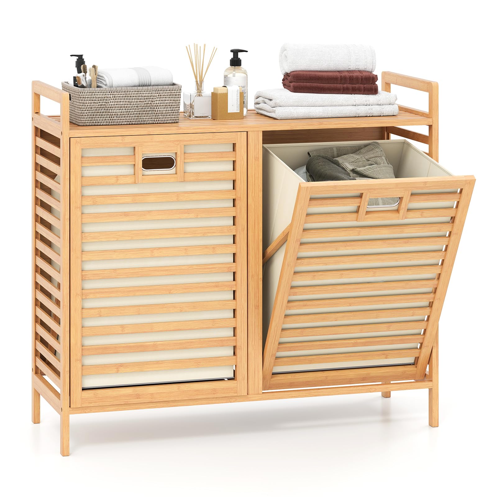 Giantex 20 Gal Bamboo Tilt Out Laundry Hamper with 2 Removable & Foldable Fabric Bins