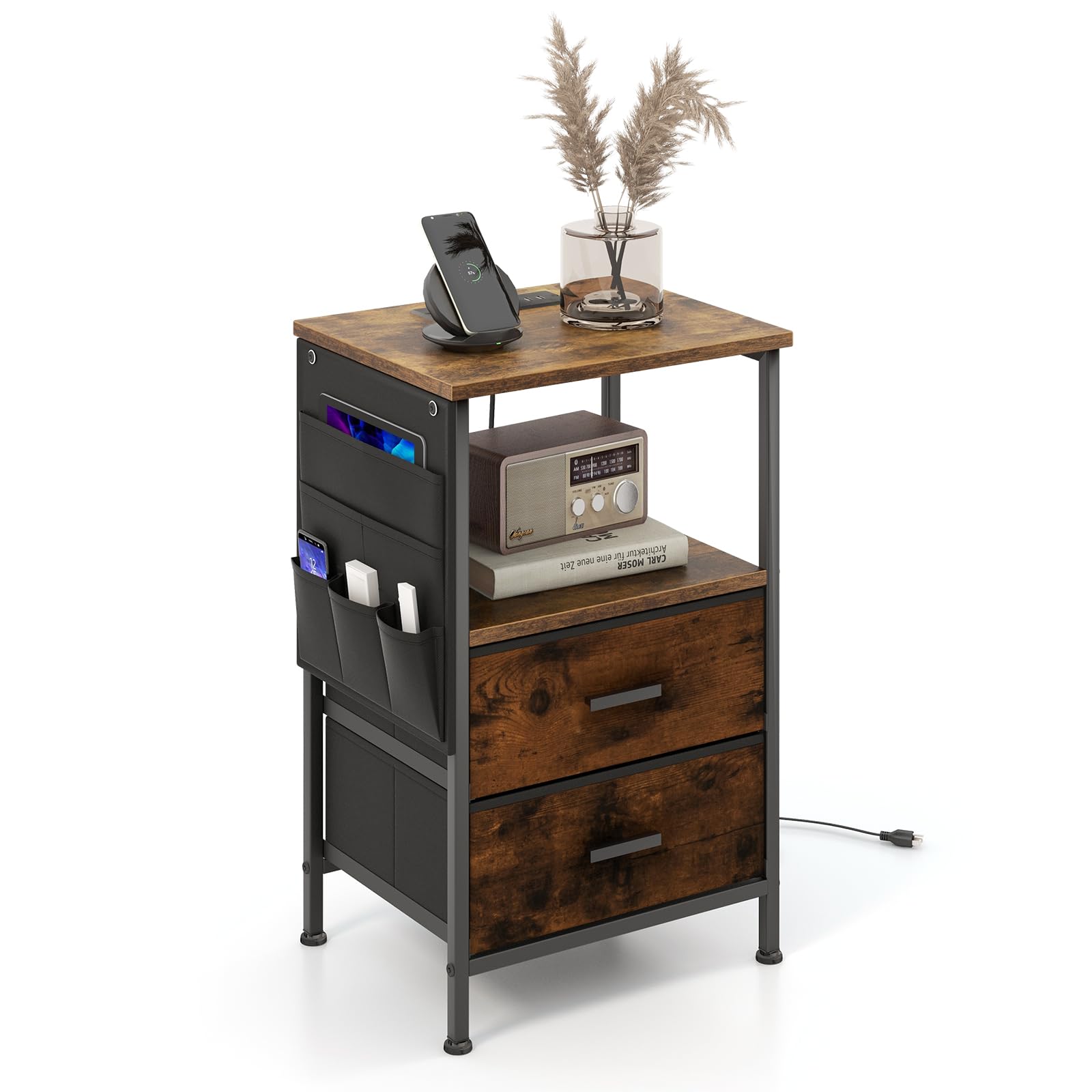 Giantex Nightstand with Charging Station, Industrial Bedside Table with 2 Fabric Drawers & 6 Storage Pockets