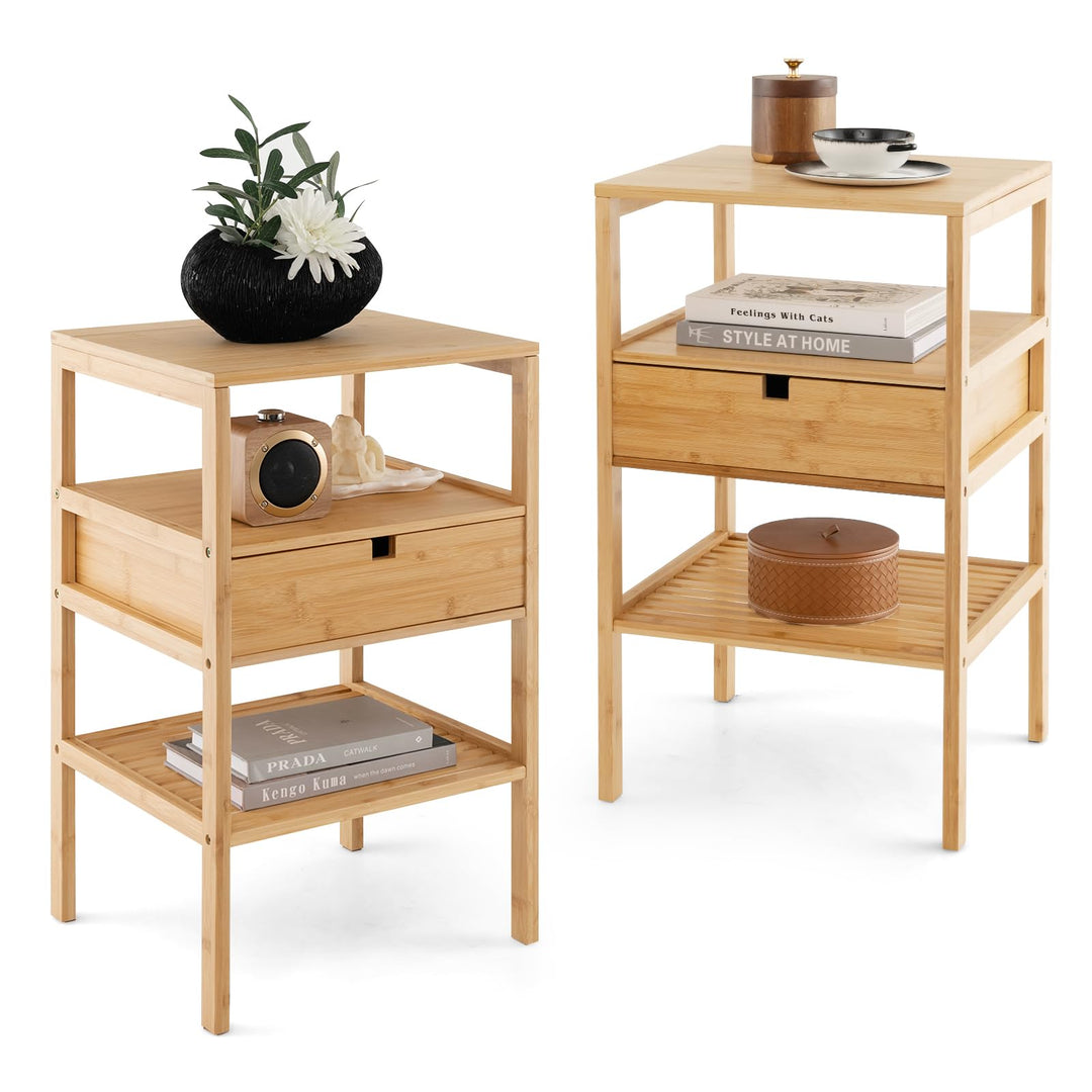 Giantex Nightstand Set of 1/2, Bamboo End Table with Drawer and 2 Open Shelves