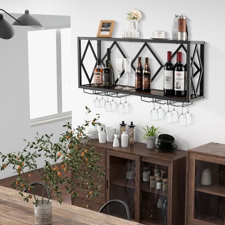 Giantex Wall Mounted Wine Rack, Wine Display Shelf w/Wine Bottle Rack & 6 Rows of Stemware Holder