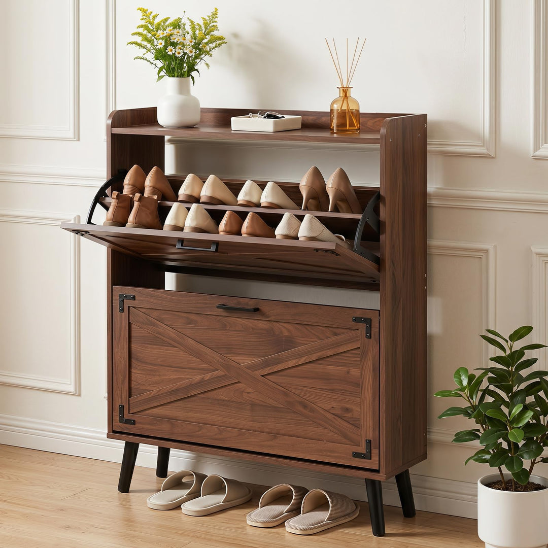 Giantex Freestanding Slim Farmhouse Shoe Storage Cabinet with 2 Flip Drawers
