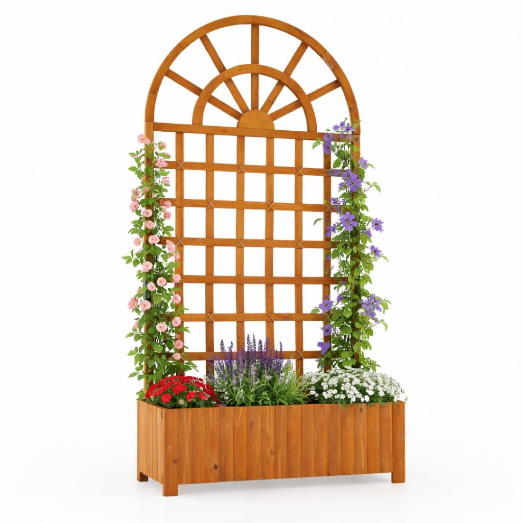 Giantex Wooden Raised Garden Bed with Trellis 71" Outdoor Planter Box Privacy Screen