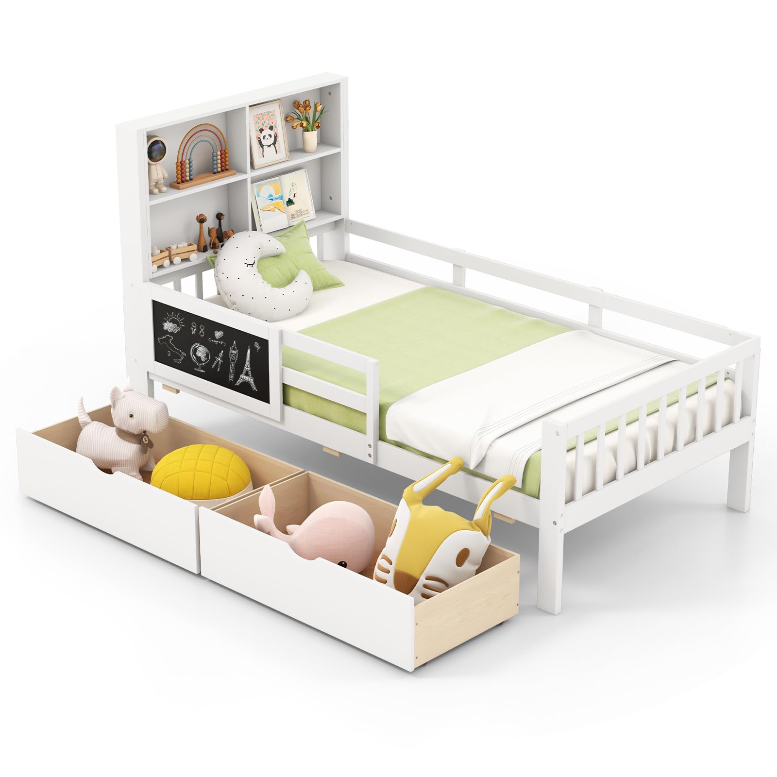 Giantex 2 Storage Drawers, Solid Wood Kids Bed Frame w/Bookcase Headboard & Blackboard