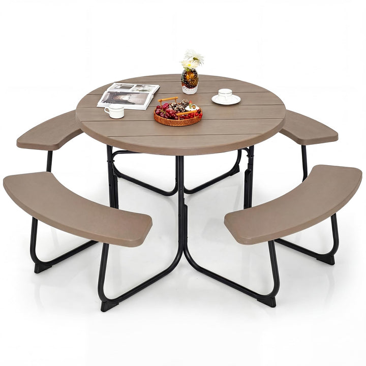 Giantex Picnic Table Set for Up to 8 Persons, Round Outdoor Table and Bench Set with Umbrella Hole