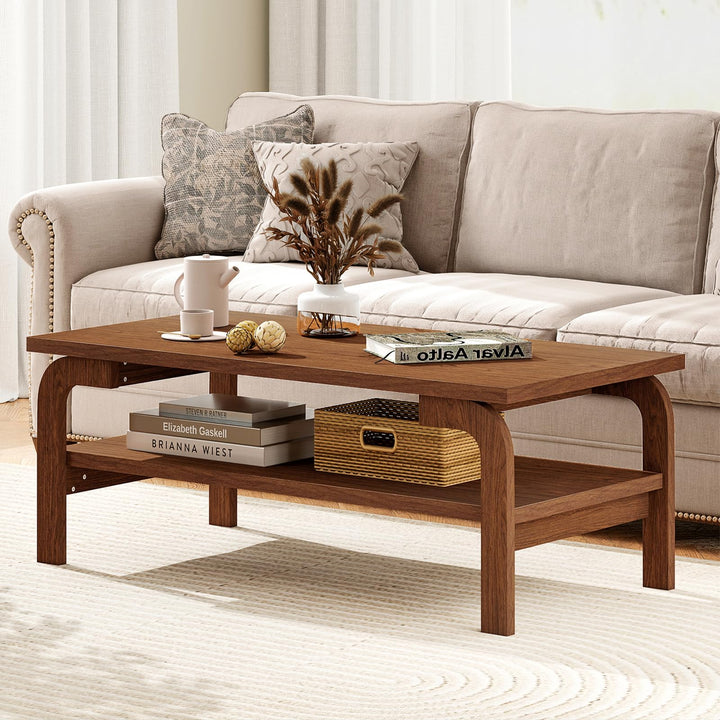 Giantex 2-Tier Coffee Table with Storage, 47” Mid Century Rectangle Accent Table with Open Shelf