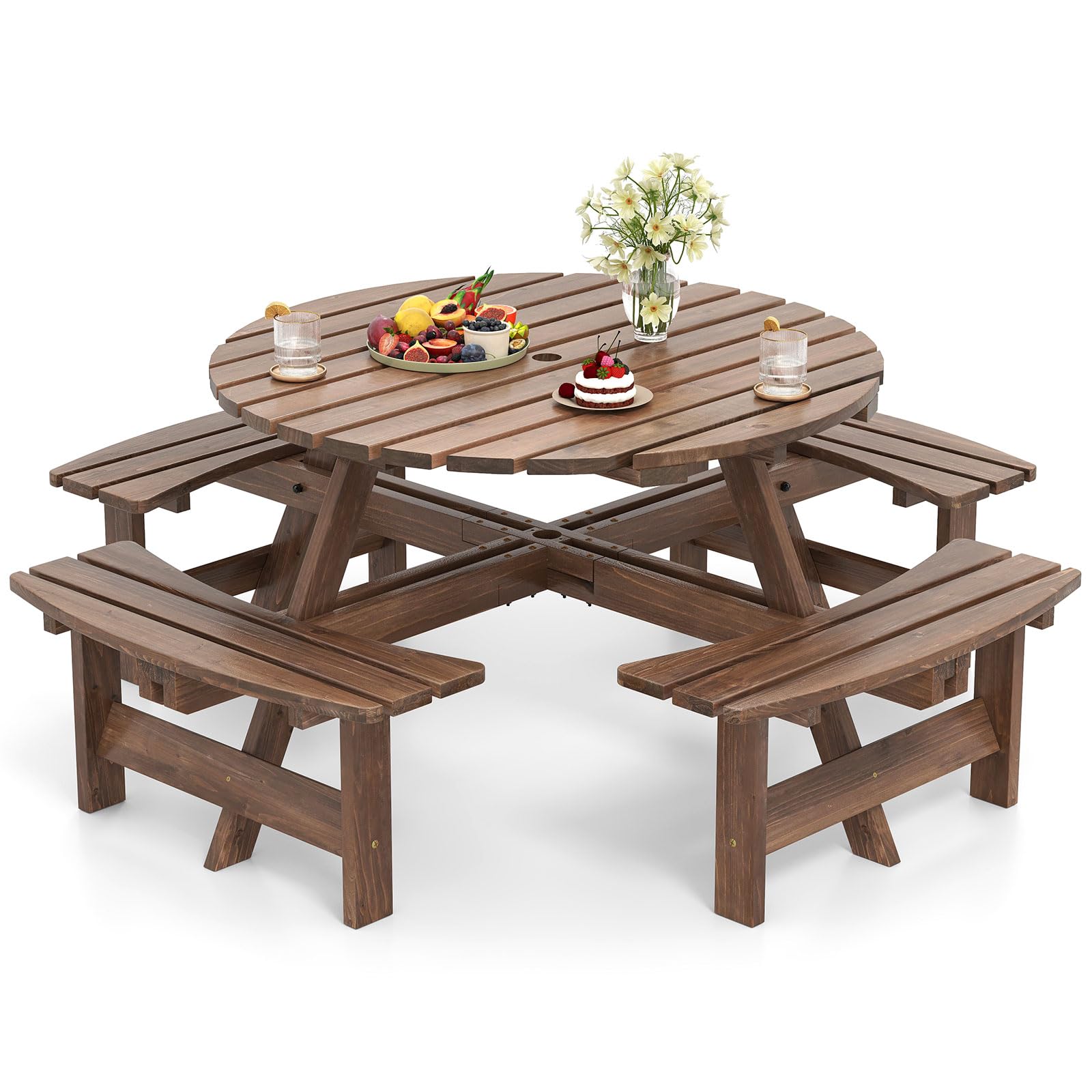 Giantex 6 Person Round Picnic Table Set with 3 Benches