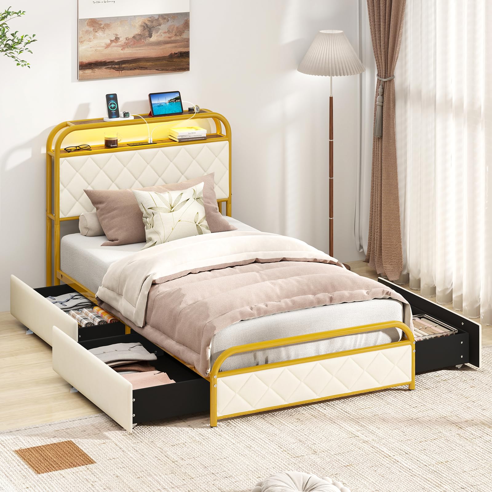 Giantex Bed Frame with 4 Storage Drawers and Charging Station