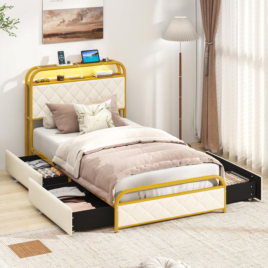 Giantex Bed Frame with 4 Storage Drawers and Charging Station