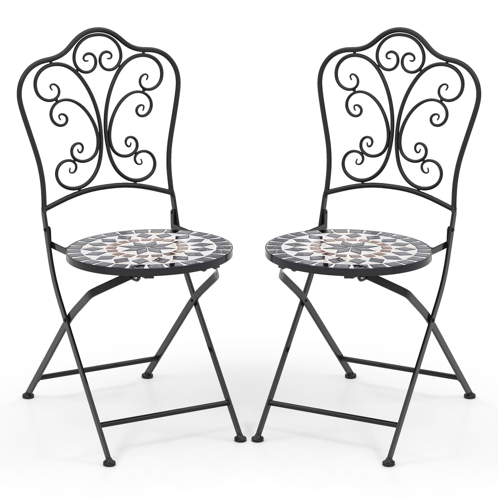 Giantex Patio Folding Chairs, Mosaic Bistro Chairs w/Backrest & Round Seat for Porch Balcony Lawn