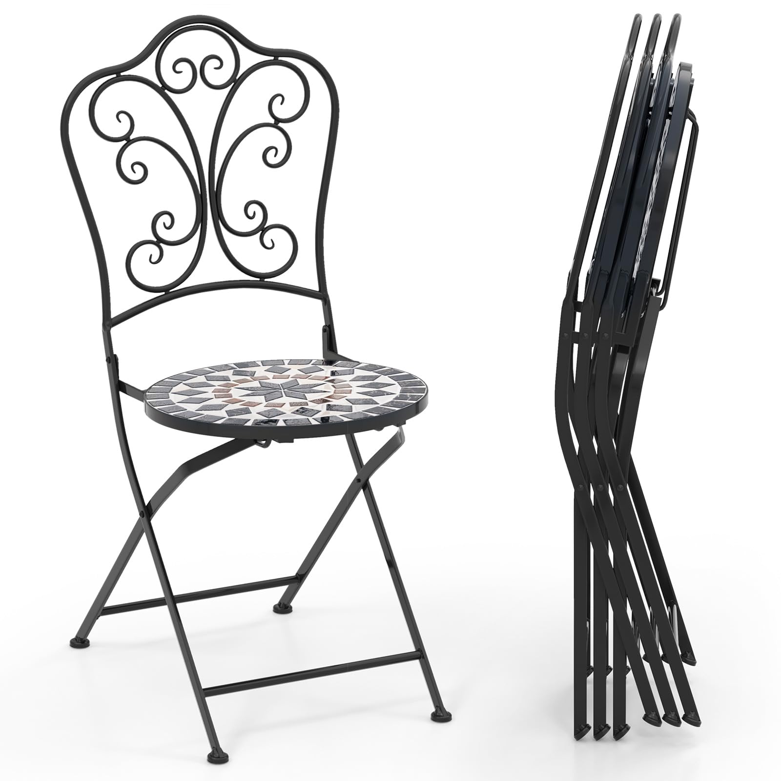 Giantex Patio Folding Chairs, Mosaic Bistro Chairs w/Backrest & Round Seat for Porch Balcony Lawn