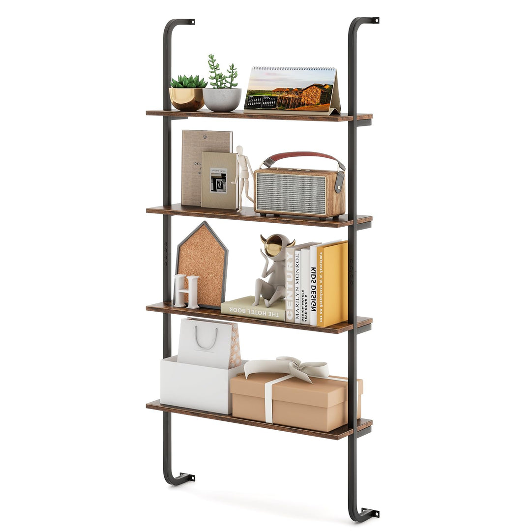 Giantex 4-Tier Industrial Bookshelf, Wall Mounted Pipe Shelving Unit, Floating Shelves with Metal Frame