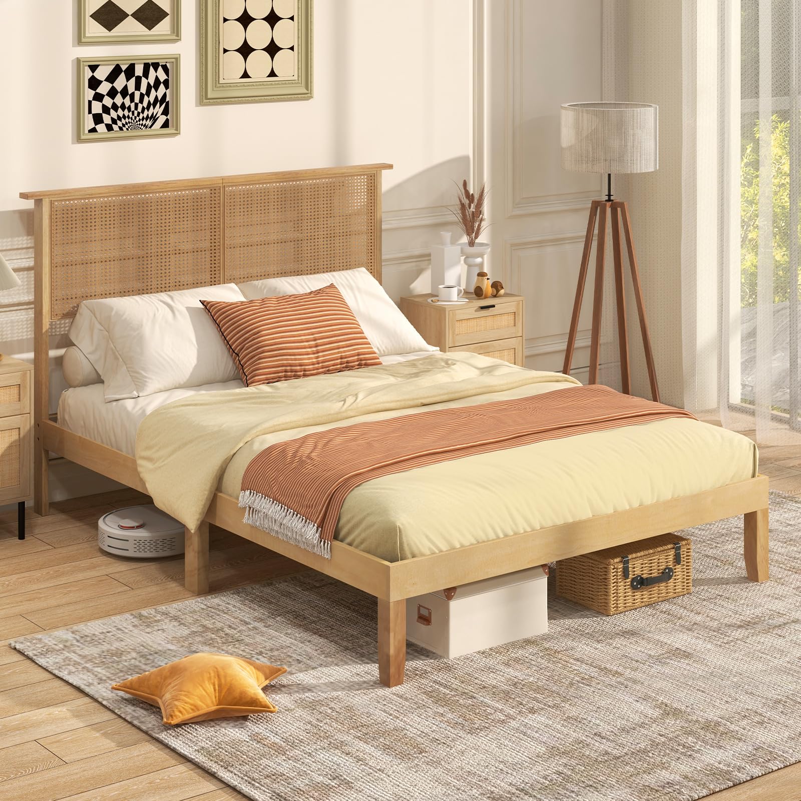 Giantex Bed Frames with Rattan Headboard, Boho Solid Wood Platform Bed with Wooden Slats