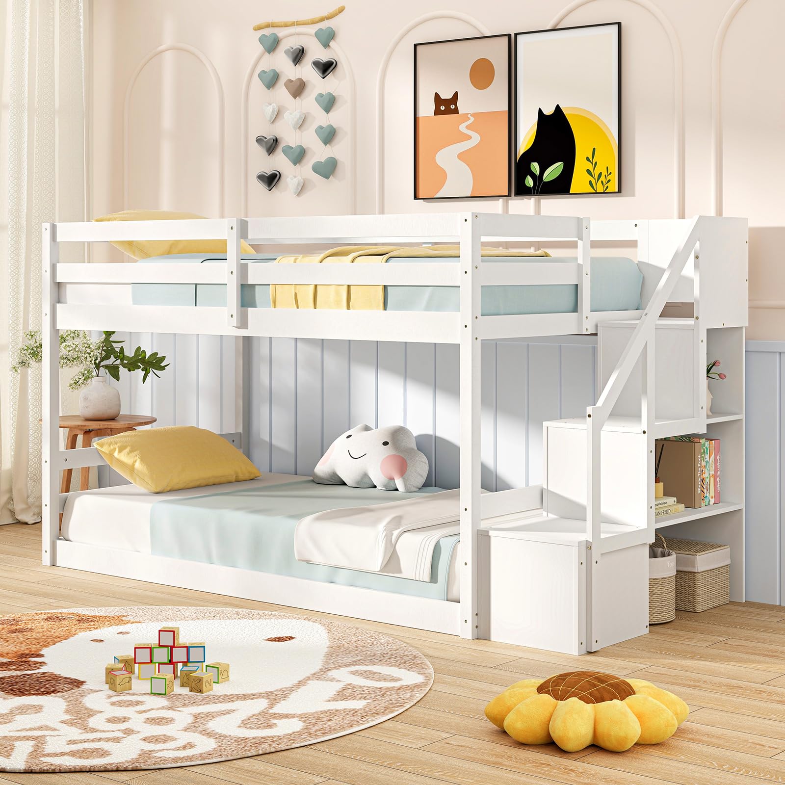 Giantex Bunk Bed with Stairs, Solid Wood Floor Bunk Bed with Storage Staircase & Full-Length Guardrails