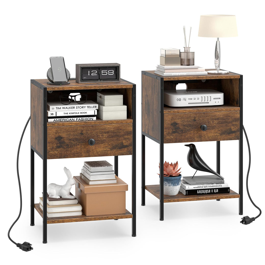 Giantex Night Stand with Charging Station for Bedroom Small Spaces