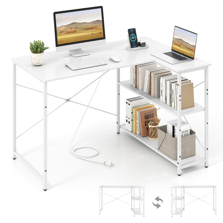 Giantex 47 Inch Reversible Computer Desk with Adjustable Storage Shelves and Metal Frame