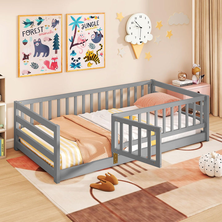 Giantex Twin Floor Bed with High Fence & Door