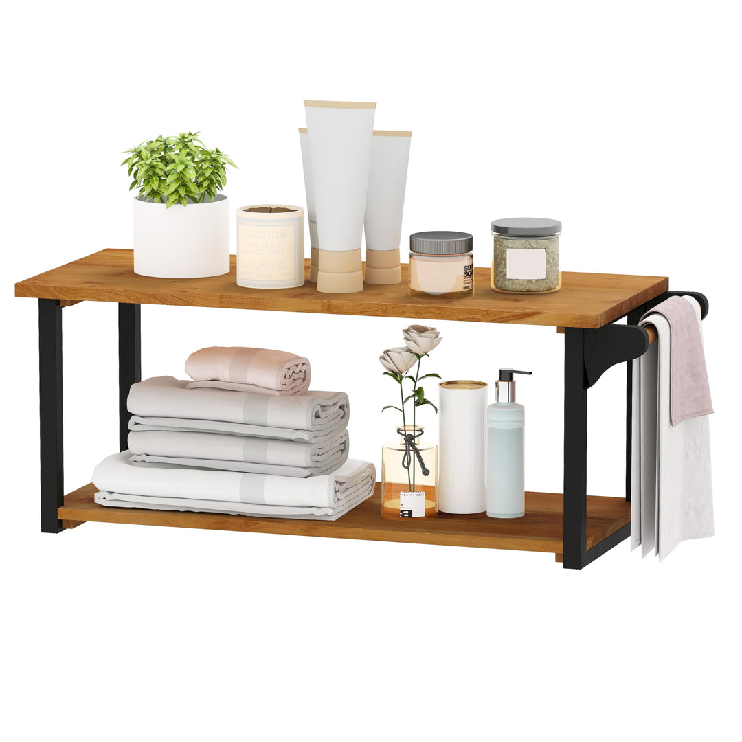 Giantex Teak Wood Bathroom Floating Wall Shelves