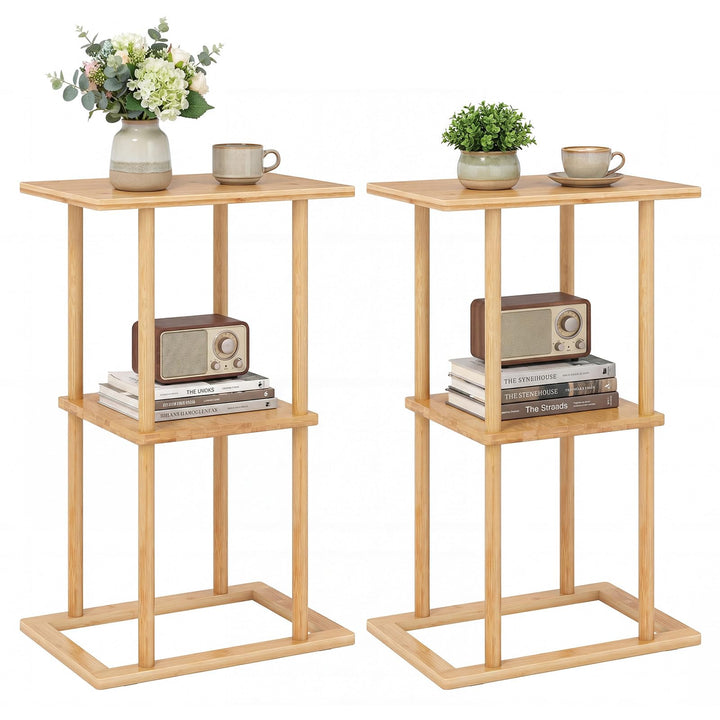 Giantex 2 Pieces Bamboo Side Table with Storage Shelves