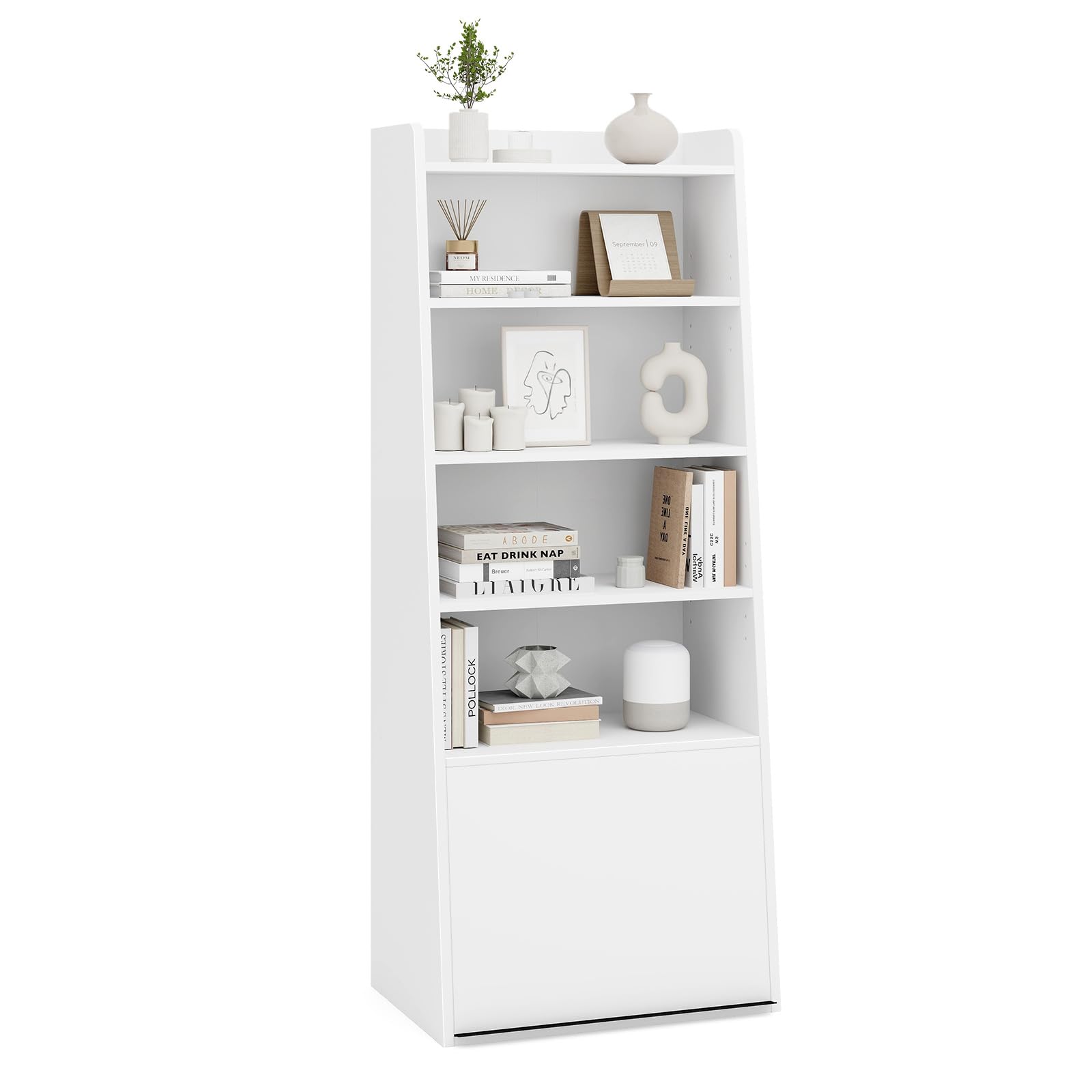 Giantex 6-Tier Bookcase, Freestanding Ladder Bookshelf with 2 Adjustable Shelves & Flip Up Door