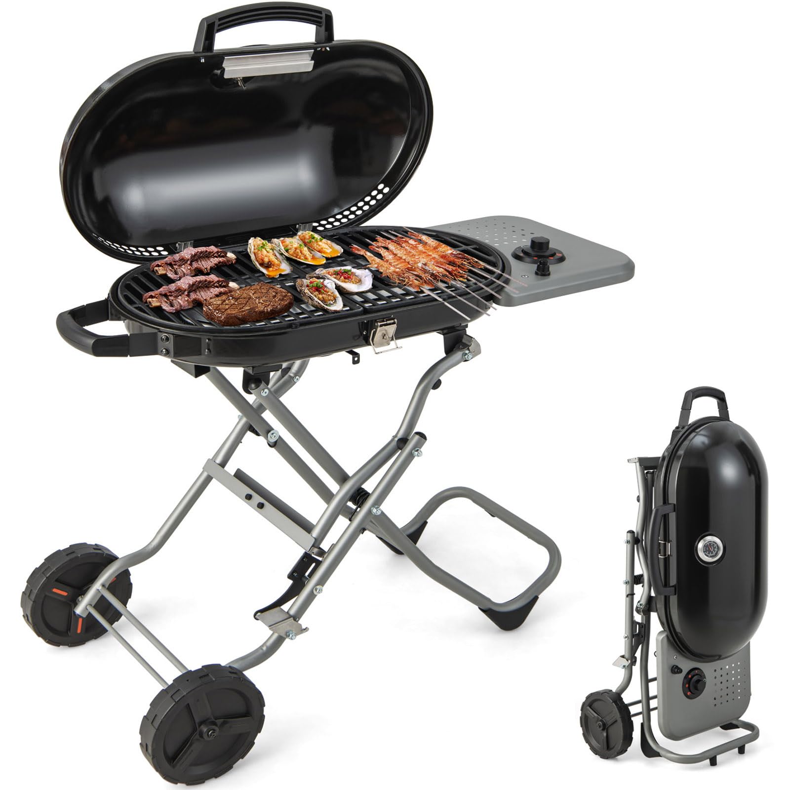 Giantex Gas Grill, Portable Propane Grill with 15,000 BTUs Burner, Side Table, 2 Wheels, Grease Tray