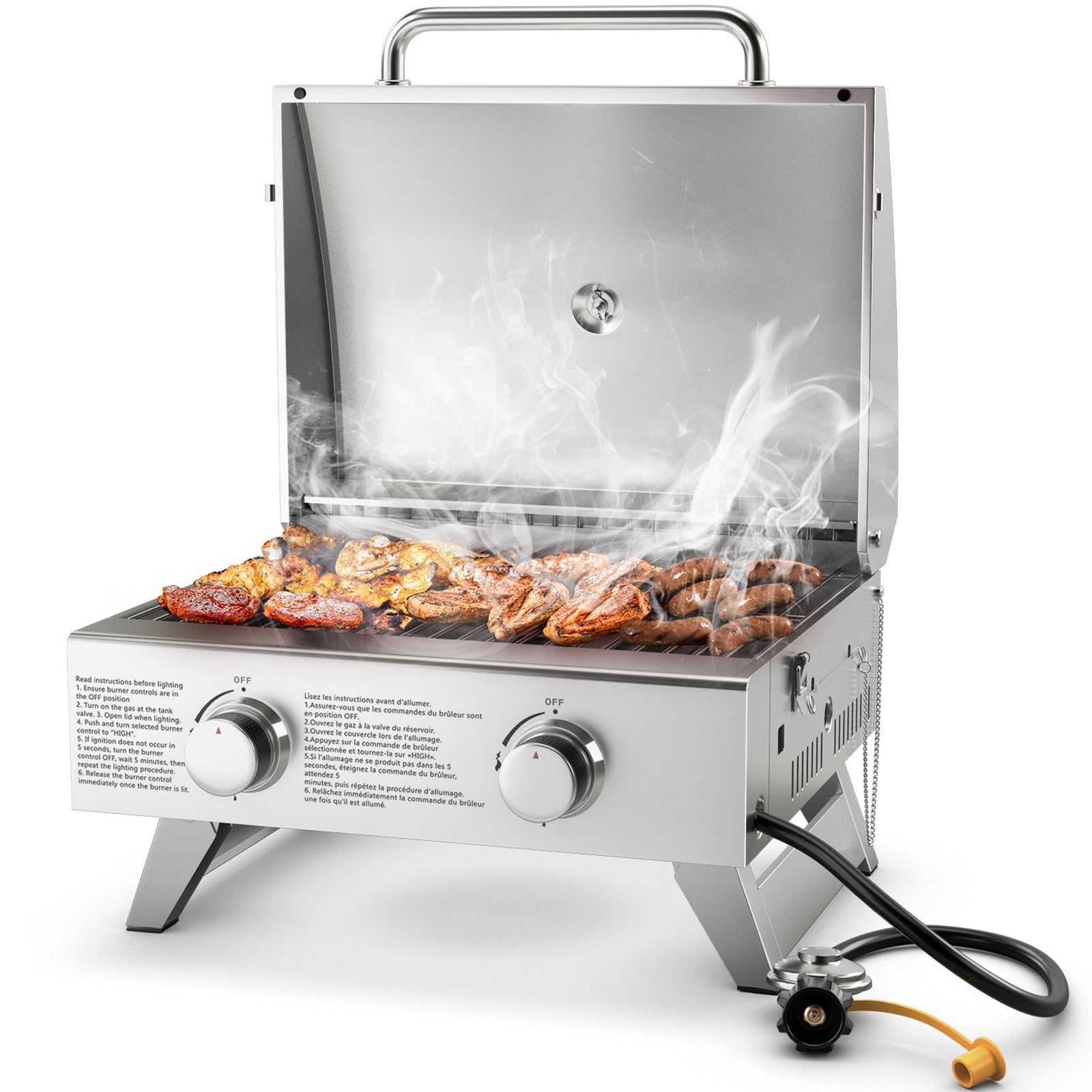 Giantex Portable Gas Grill - Tabletop Propane Grill with 2 Burners, 20,000 BTU total, Built-in Thermometer