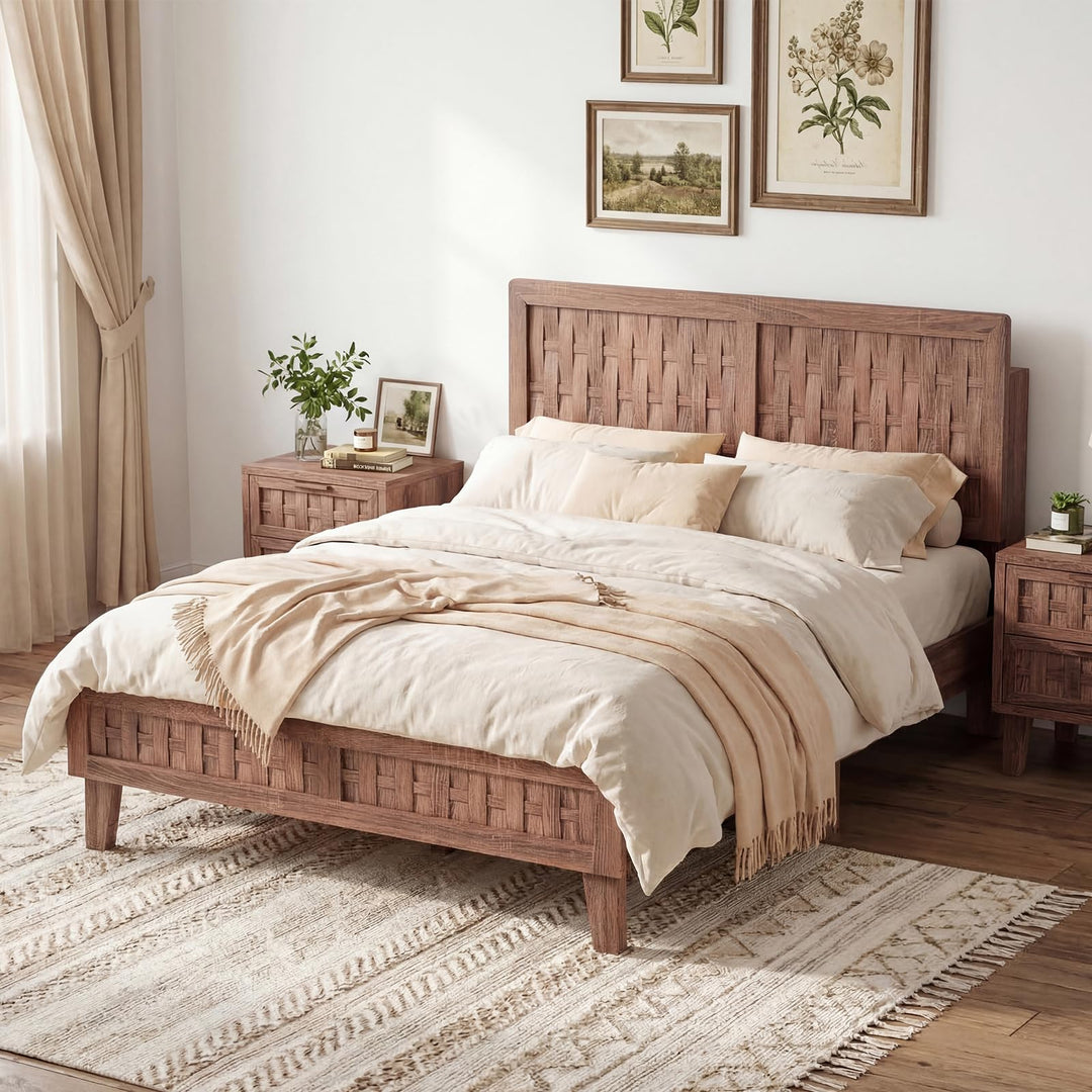 Giantex Wood Bed Frame with Woven Headboard (Full/Twin/Queen)