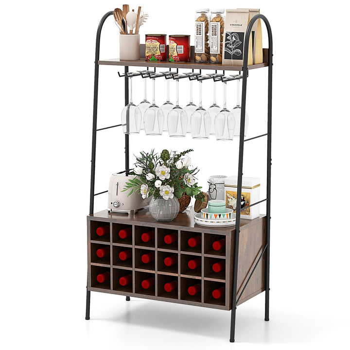 Giantex 18-Bottle Wine Rack Freestanding Floor, Kitchen Baker’s Rack w/ 15 Glasses Holder, Rustic Brown