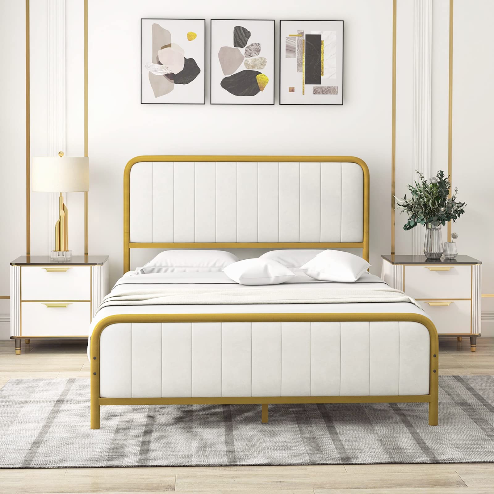 Giantex Twin Size Gold Bed Frame with Velvet Headboard and Footboard, Heavy-duty Metal Slats Support Mattress Foundation