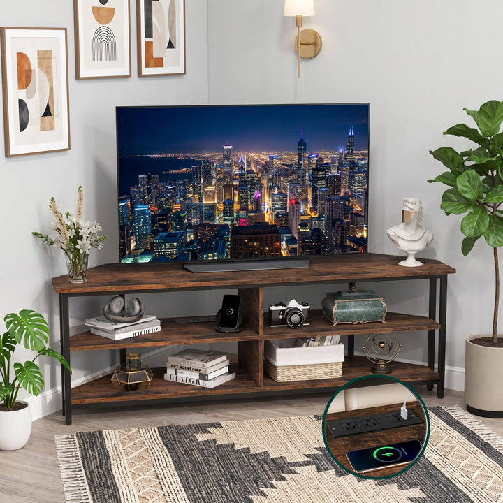 GIANTEX Corner TV Stand for 65 Inch TV with Power Outlets &amp; 4 Open Storage Compartments