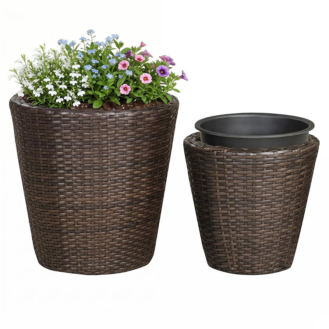 Giantex Set of 2 Plastic Planters | 15 Inch &amp; 11.5 Inch Taper Rattan Planters with Drainage Holes