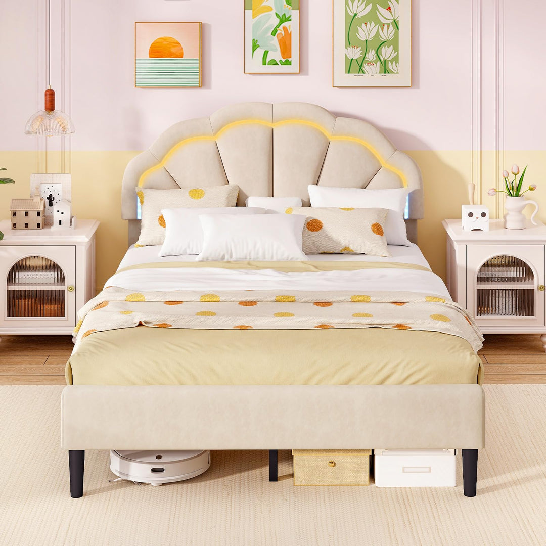 Giantex Full Size LED Bed Frame, Velvet Upholstered Full Platform Bed with Adjustable Cloud Headboard