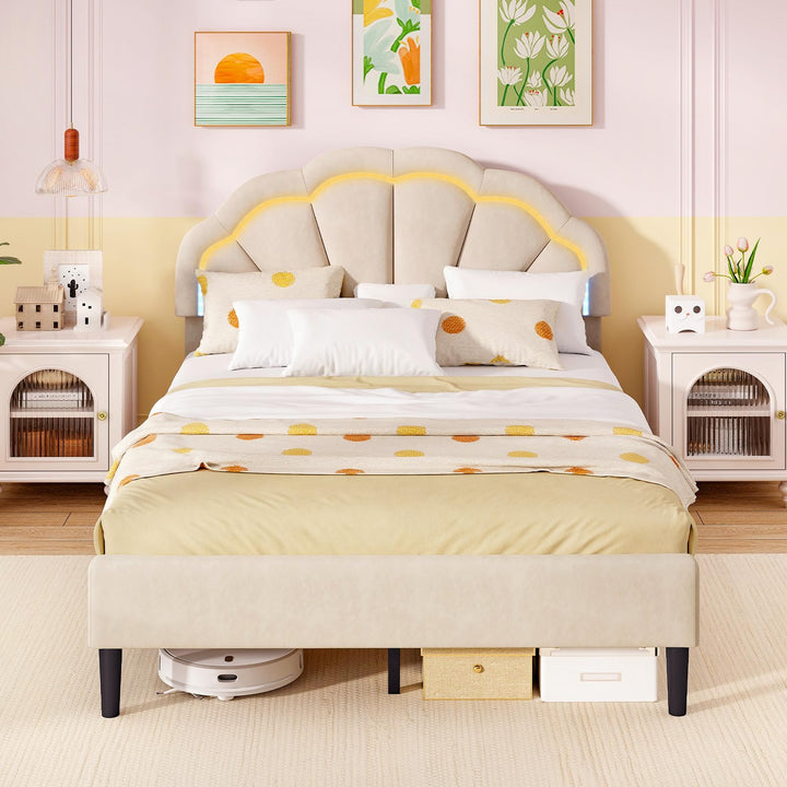 Giantex Full Size LED Bed Frame, Velvet Upholstered Full Platform Bed with Adjustable Cloud Headboard