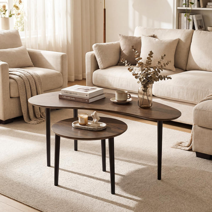 Giantex Nesting Tables Set of 2 | Mid Century Modern Coffee Tables with Solid Wood Support Legs