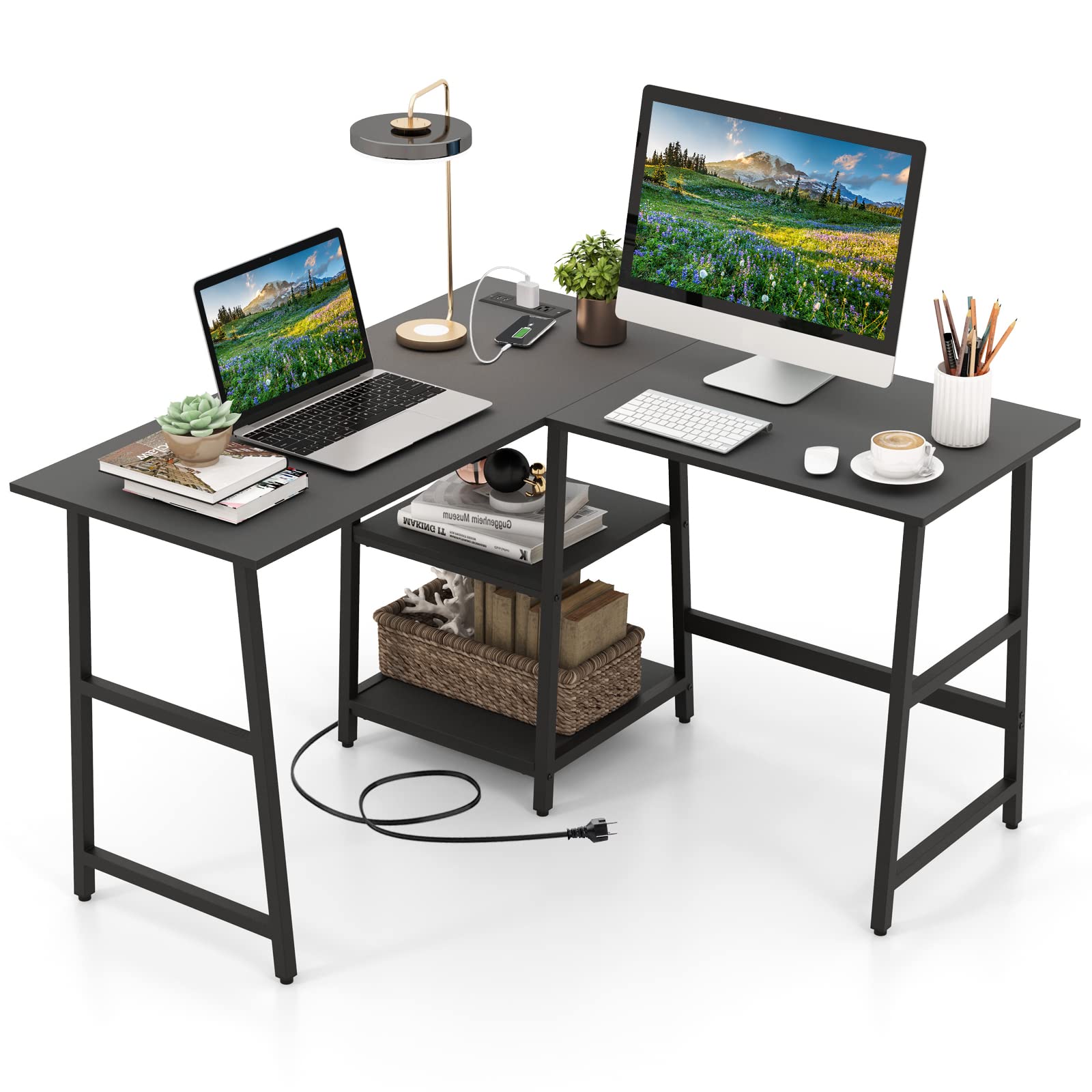 Giantex L Shaped Desk with Power Outlets & USB Ports, 48" Corner Gaming Desk with 2 Tier Storage Shelves
