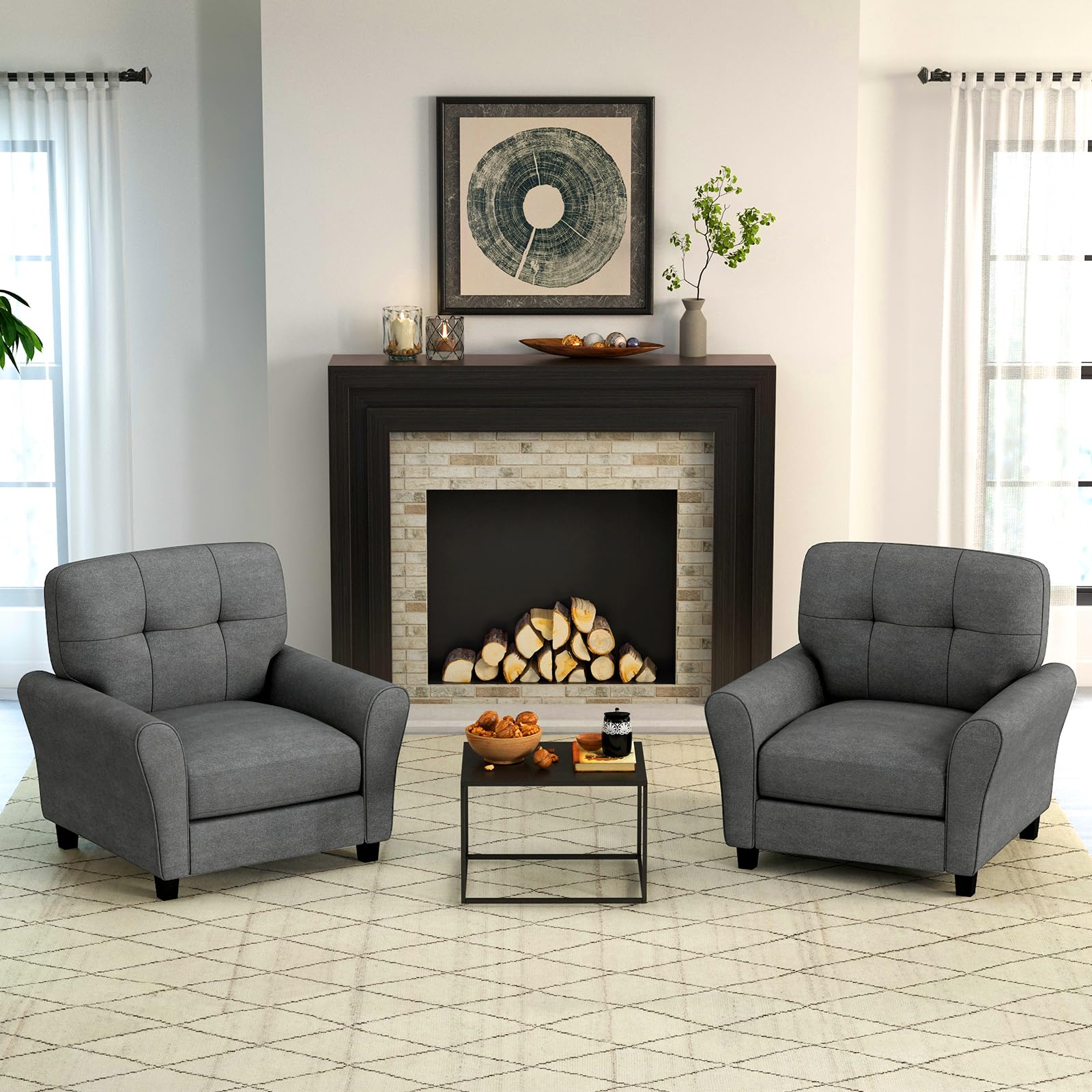 Giantex Modern Mid-Century Accent Chair Set of 2 - Linen Living Room Chair with Tufted Back, Grey