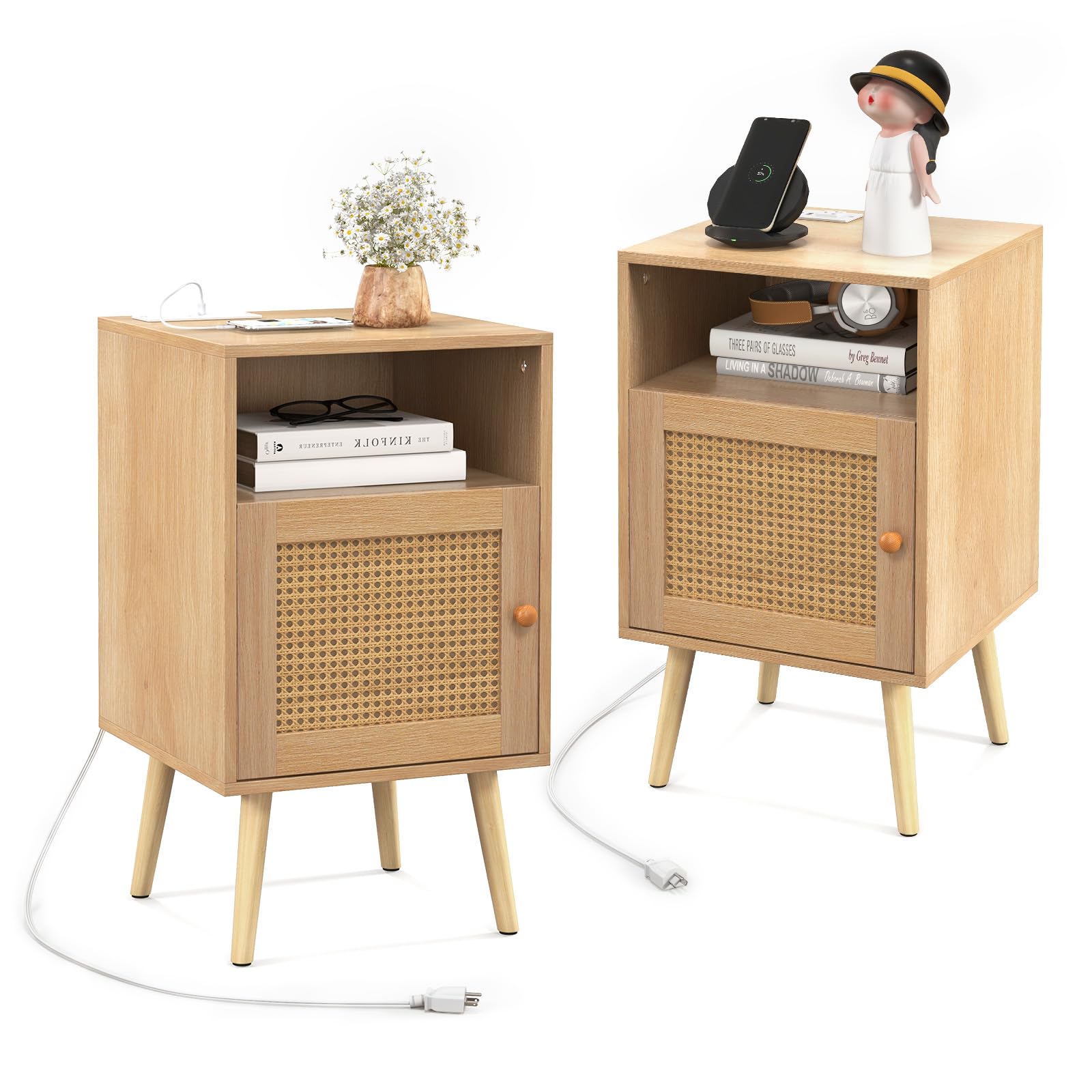 Ginatex Rattan Nightstand with Charging Station