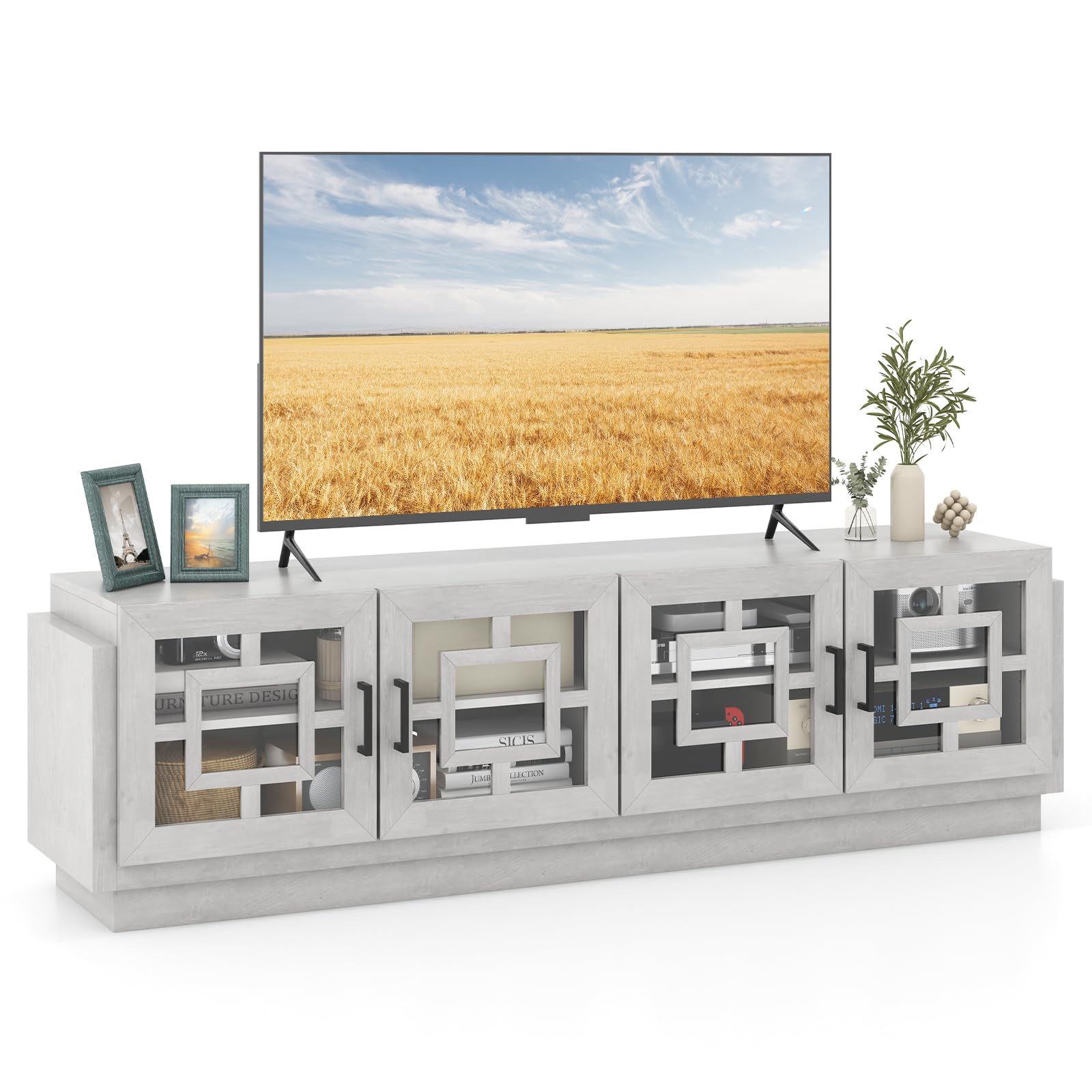 Giantex Farmhouse TV Stand for TVs up to 75”, 4-Door Glass Entertainment Center with 2 Cabinets