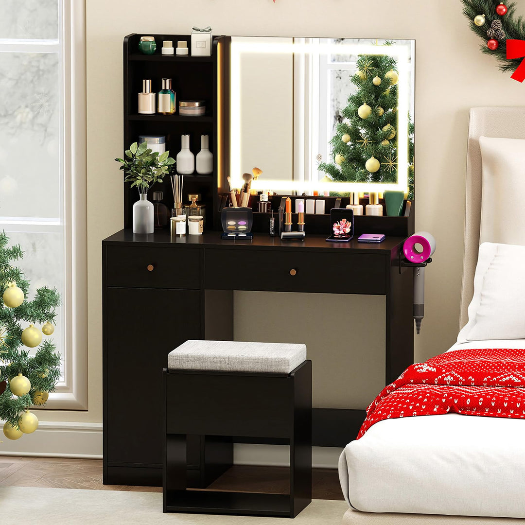 CHARMAID Vanity Desk with Mirror and Lights, Makeup Vanity Desk with Drawers, Shelves, Side Cabinet