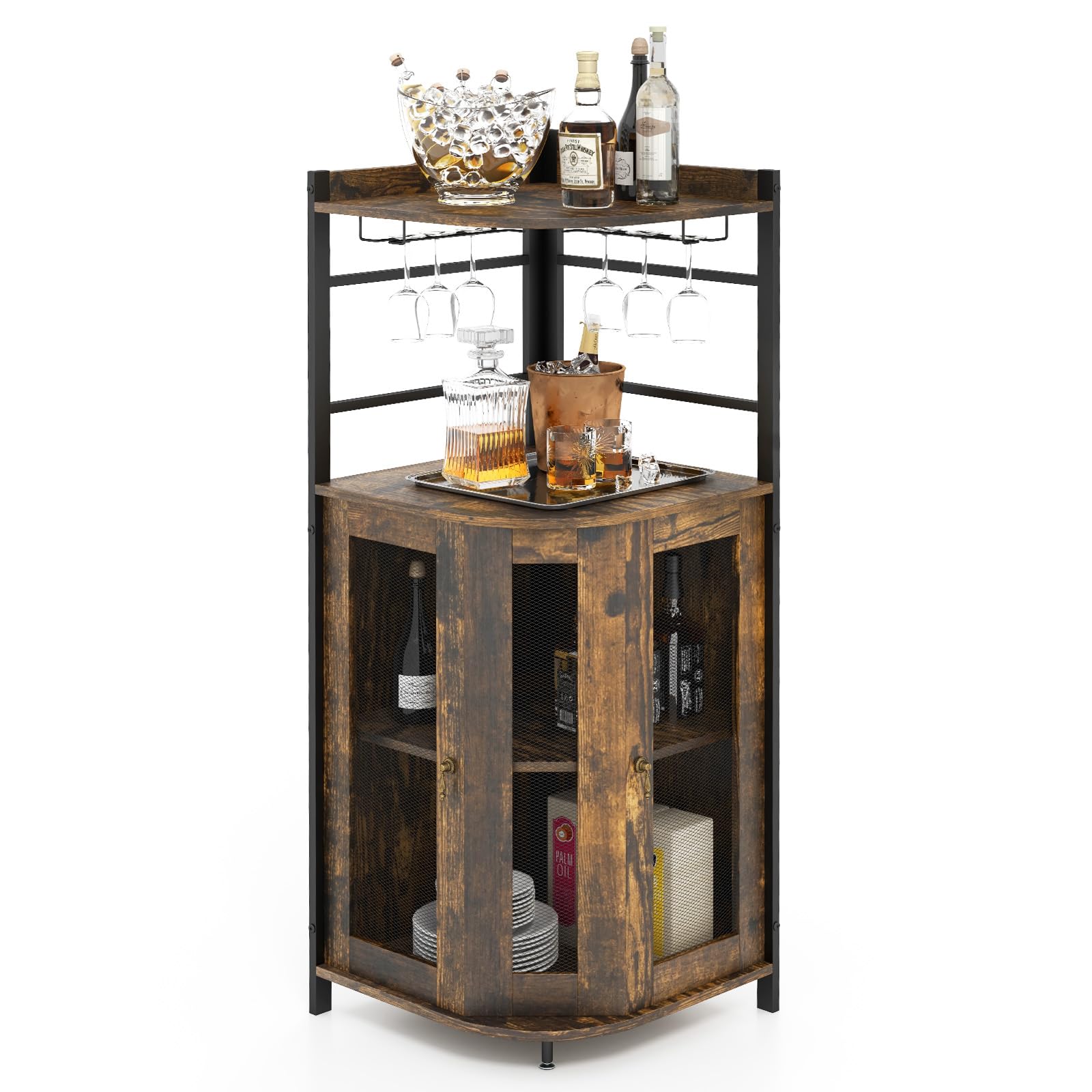 Giantex Corner Bar Cabinet with Glass Holder