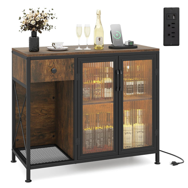 Giantex Industrial Buffet Sideboard with Power Outlets and LED Light