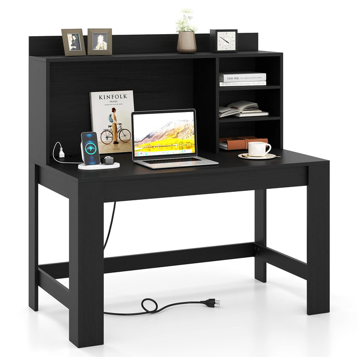 Giantex Computer Desk with Hutch, Modern Home Office Desk with Power Outlets, Storage Shelves & Cable Hole