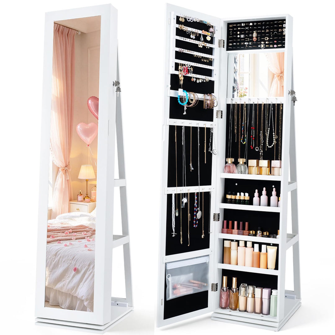 CHARMAID Swivel Jewelry Armoire with Full Length Mirror &amp; Rear Storage Shelves
