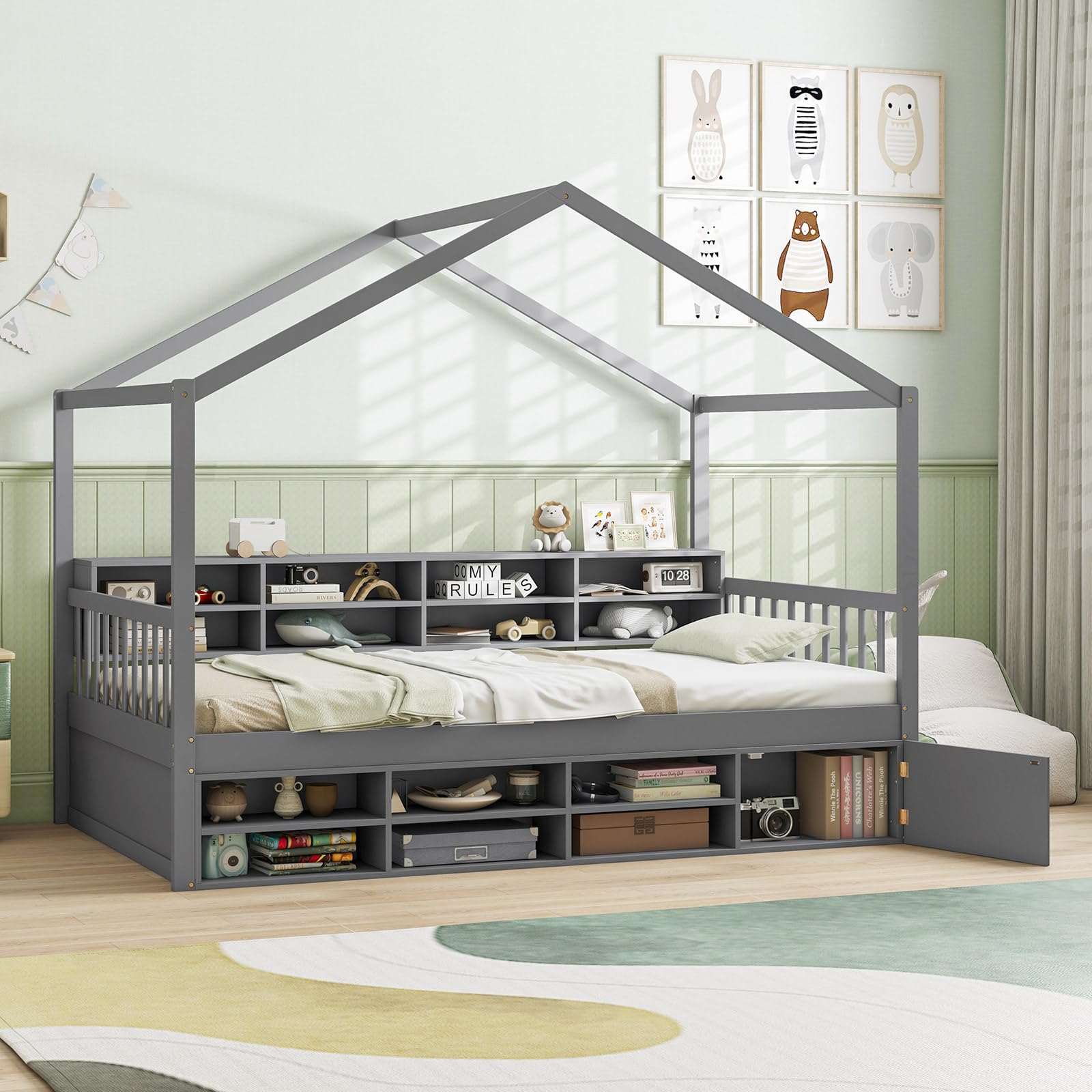 Giantex Twin Size House Bed with Storage, Wooden Montessori House Bed with 14 Storage Cubes