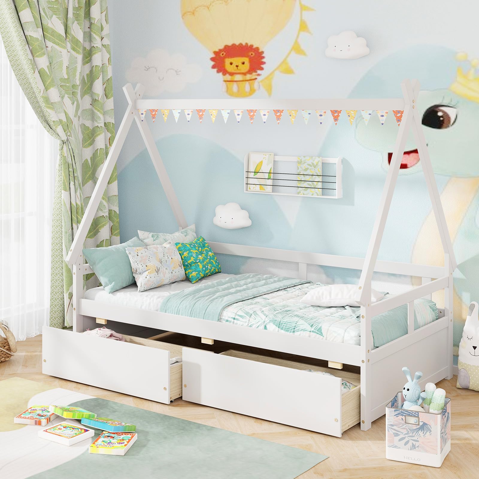 Giantex Twin Bed with 2 Storage Drawers, Wood Montessori House Tent Bed Frame with Safety Guardrail