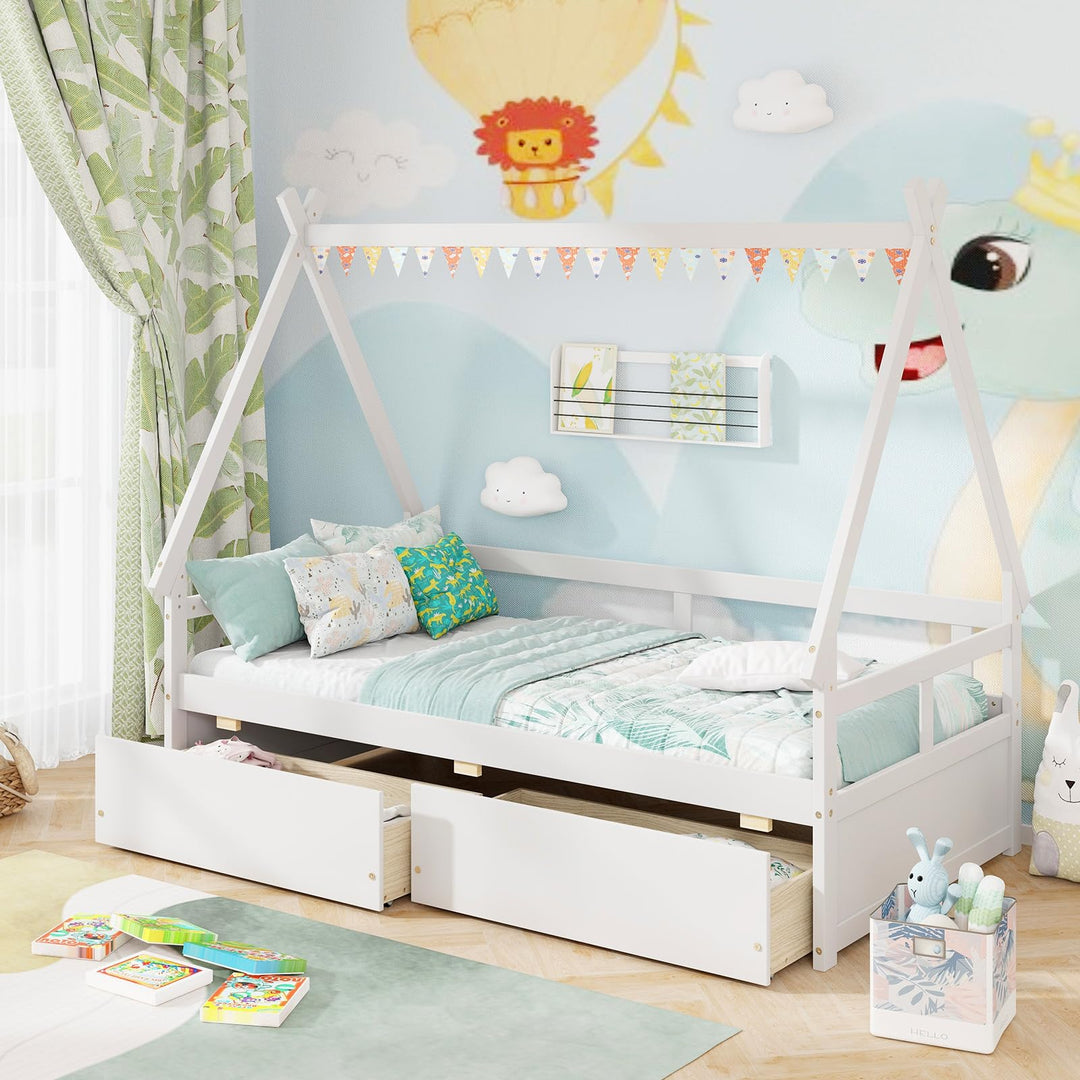 Giantex Twin Bed with 2 Storage Drawers, Wood Montessori House Tent Bed Frame with Safety Guardrail