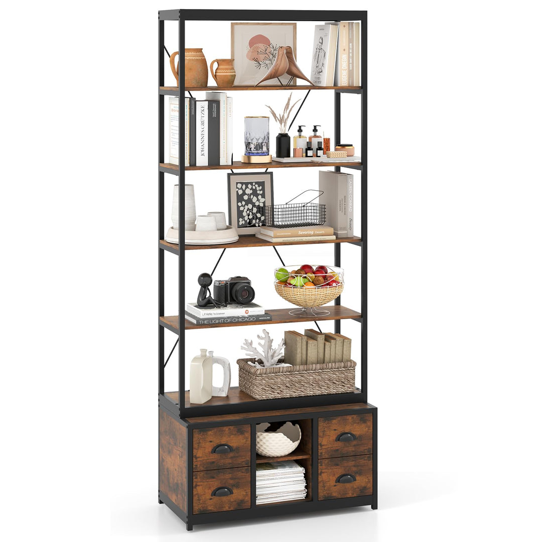Giantex 5-Tier Industrial Bookshelf, Triple Wide Heavy-Duty Metal Frame Bookcases w/ 14 Open Shelves