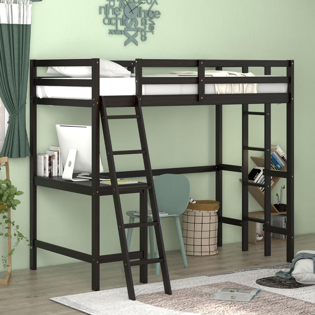 Giantex Twin Size Loft Bed with Desk, Solid Wood Loft Bed with 2 Ladders & Full Length Guardrail