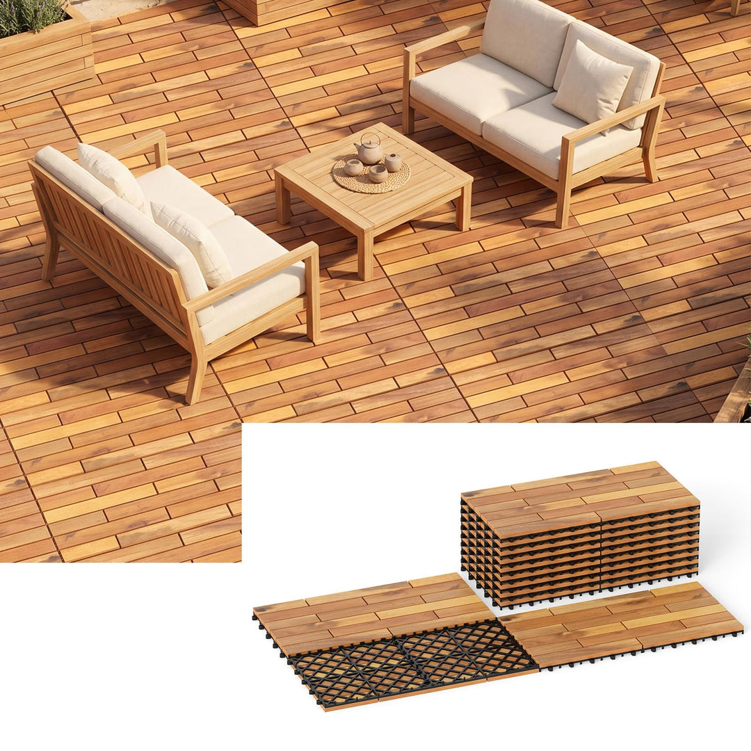 Giantex 24" x 12" Acacia Wood Deck Tiles with Drainage Base