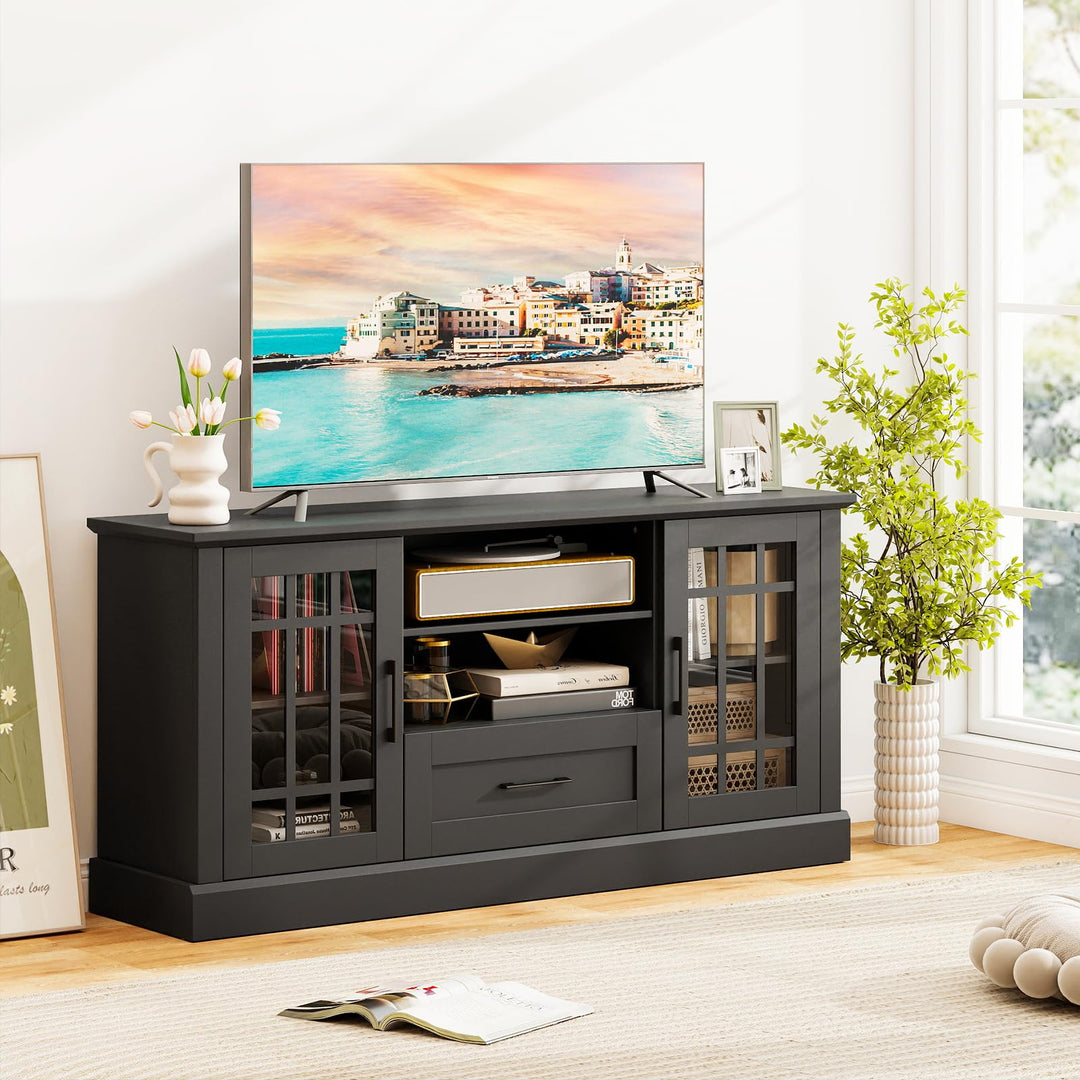 Giantex Farmhouse TV Stand for 65/70 Inch TV with Storage Cabinets & Glass Door