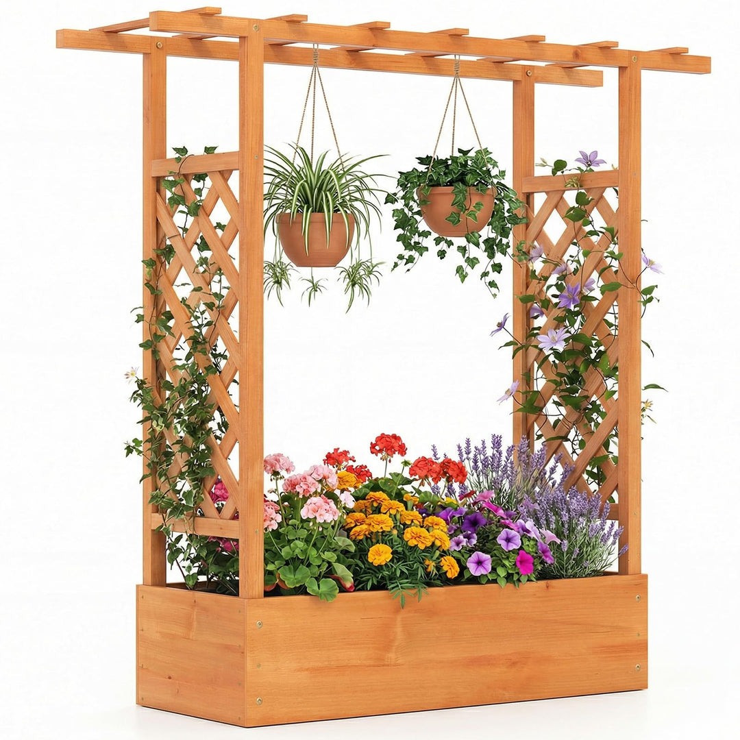 Giantex Wooden Raised Garden Bed with Trellis & Hanging Roof